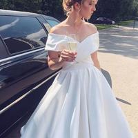 A Line Off Shoulder Ankle Length Ivory Satin Short Prom Dresses - Thumbnail 2