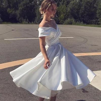 A line off shoulder ankle length ivory satin short prom dresses - Thumbnail 3
