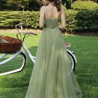 Simple Straps Tulle Green Long Prom Dress Green Evening Dress - Thumbnail 2