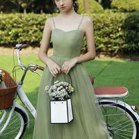 Simple Straps Tulle Green Long Prom Dress Green Evening Dress - Thumbnail 1