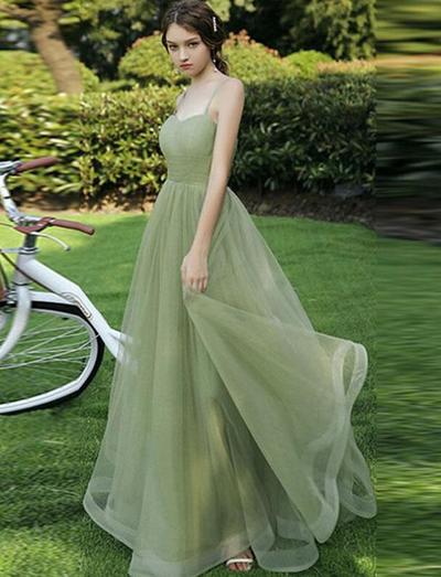 Simple Straps Tulle Green Long Prom Dress Green Evening Dress
