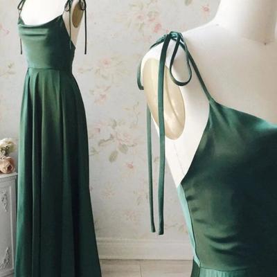 Simple a line green satin long prom bridesmaid dress - Thumbnail 3