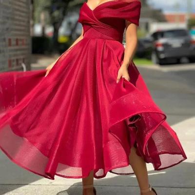 Off shoulder burgundy tulle short prom dress - Thumbnail 3