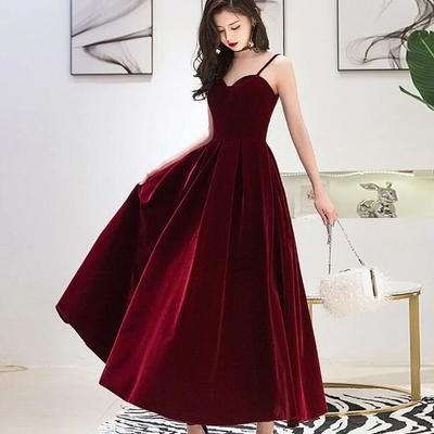 A line burgundy tea length velvet prom dress  - Thumbnail 2