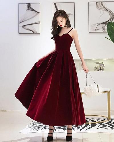 A Line Burgundy Tea Length Velvet Prom Dress 