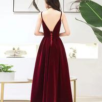 A Line Burgundy Tea Length Velvet Prom Dress  - Thumbnail 2