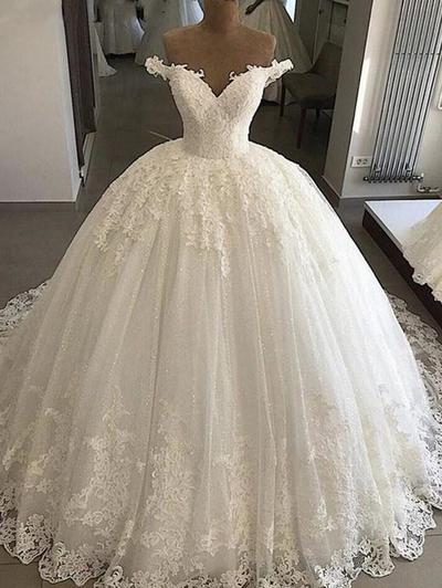 Off the Shoulder Sweetheart Ball Gown Tulle Lace Wedding Dresses