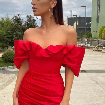 Off shoulder mini cocktail dresses ruffles satin column sexy homecoming dress - Thumbnail 2