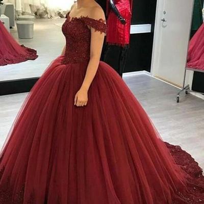 Mermaid burgundy ball gown off-the-shoulder tulle party dress with lace appliques - Thumbnail 3
