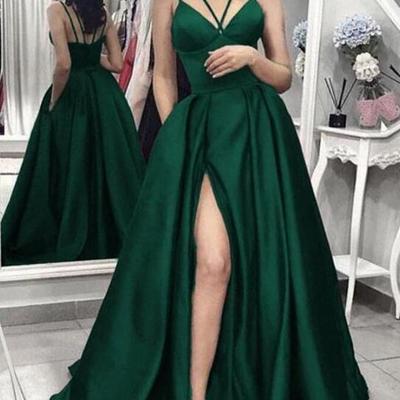 A line straps dark green split long prom dress - Thumbnail 2