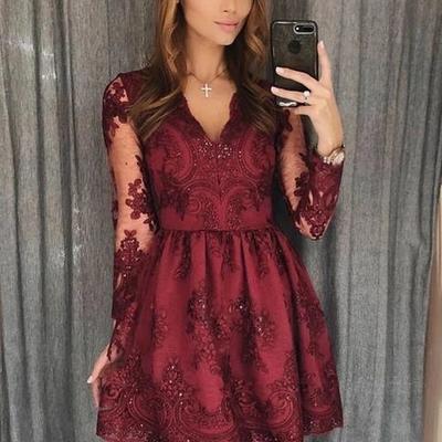 Sexy v neck short burgundy long sleeves lace homecoming dresses - Thumbnail 1