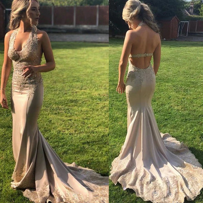 Champagne prom dresses mermaid with applqiues lace backelss - Thumbnail 1