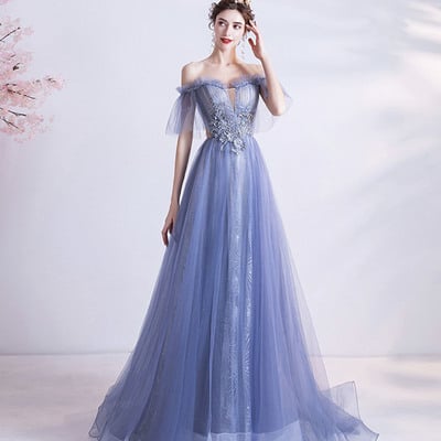 Blue tulle lace long a-line prom dress blue evening dress - Thumbnail 1