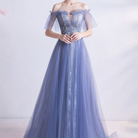 Blue tulle lace long A-line prom dress blue evening dress - Thumbnail 1