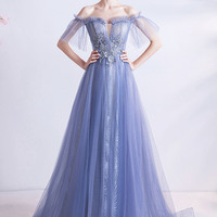 Blue tulle lace long A-line prom dress blue evening dress - Thumbnail 3