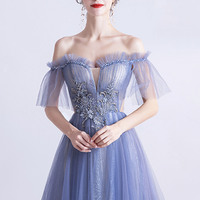Blue tulle lace long A-line prom dress blue evening dress - Thumbnail 4