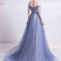 Blue tulle lace long A-line prom dress blue evening dress - Thumbnail 5