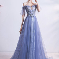 Blue tulle lace long A-line prom dress blue evening dress - Thumbnail 6
