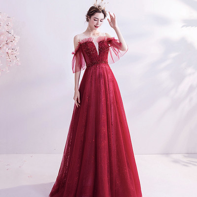 Burgundy tulle sequins long prom dress a-line evening dress - Thumbnail 1