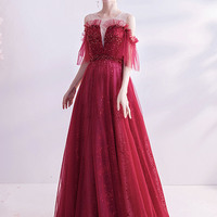 Burgundy tulle sequins long prom dress A-line evening dress - Thumbnail 1