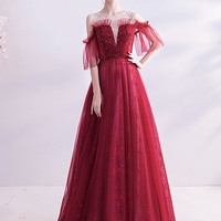 Burgundy tulle sequins long prom dress A-line evening dress - Thumbnail 2