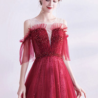 Burgundy tulle sequins long prom dress A-line evening dress - Thumbnail 3