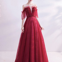 Burgundy tulle sequins long prom dress A-line evening dress - Thumbnail 4