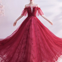 Burgundy tulle sequins long prom dress A-line evening dress - Thumbnail 5