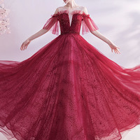 Burgundy tulle sequins long prom dress A-line evening dress - Thumbnail 6