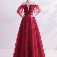 Burgundy tulle sequins long prom dress A-line evening dress - Thumbnail 7