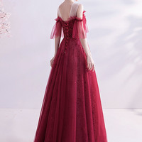 Burgundy tulle sequins long prom dress A-line evening dress - Thumbnail 8