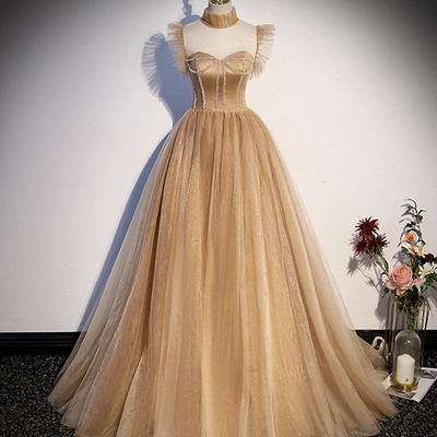 Cute tulle beaded long a-line prom dress evening dress - Thumbnail 1