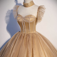 Cute tulle beaded long A-line prom dress evening dress - Thumbnail 1