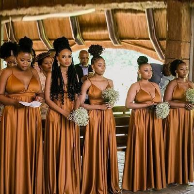 Spaghetti straps open back v neck bridesmaid dress for wedding - Thumbnail 1