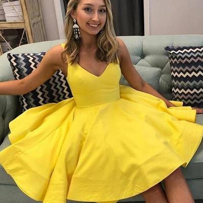 Cute a line v neck short yellow prom dresses - Thumbnail 2