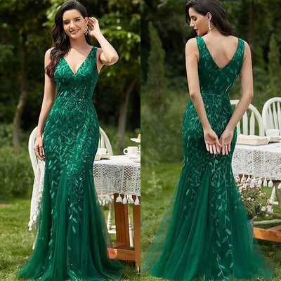 V Neck Mermaid Mother of the Bride Dresses with Leaves Appliques