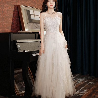 Champagne tulle beaded long prom dress evening dress - Thumbnail 1