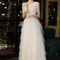 Champagne tulle beaded long prom dress evening dress - Thumbnail 1