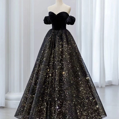 Black tulle sequins long ball gown formal gown