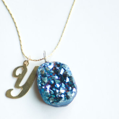 Initial rainbow druzy short necklace