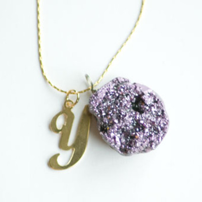 Initial purple druzy short necklace
