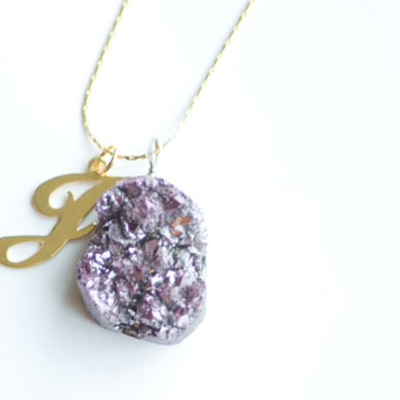 Initial purple druzy short necklace
