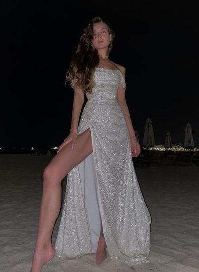 Off the Shoulder Long Sequin Prom Dress with Split Front