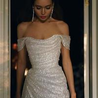 Off the Shoulder Long Sequin Prom Dress with Split Front - Thumbnail 1