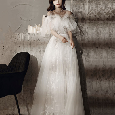 White tulle lace long prom dress, a-line evening dress - Thumbnail 1