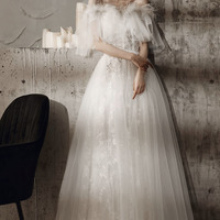 White tulle lace long prom dress, A-line evening dress - Thumbnail 3