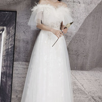 White tulle lace long prom dress, A-line evening dress - Thumbnail 4