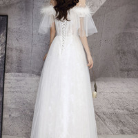 White tulle lace long prom dress, A-line evening dress - Thumbnail 5
