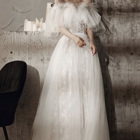 White tulle lace long prom dress, A-line evening dress - Thumbnail 7
