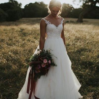 A line scoop sheer neck illusion bridal gowns with lace appliques  - Thumbnail 2